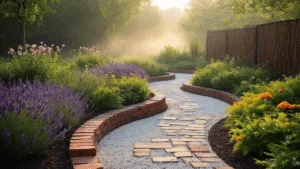 A professional landscape photograph capturing various garden border styles at golden hour, featuring weathered red bricks, natural log borders with ferns, modern black metal edging, and woven willow panels, all highlighted by morning dew and dramatic shadows.