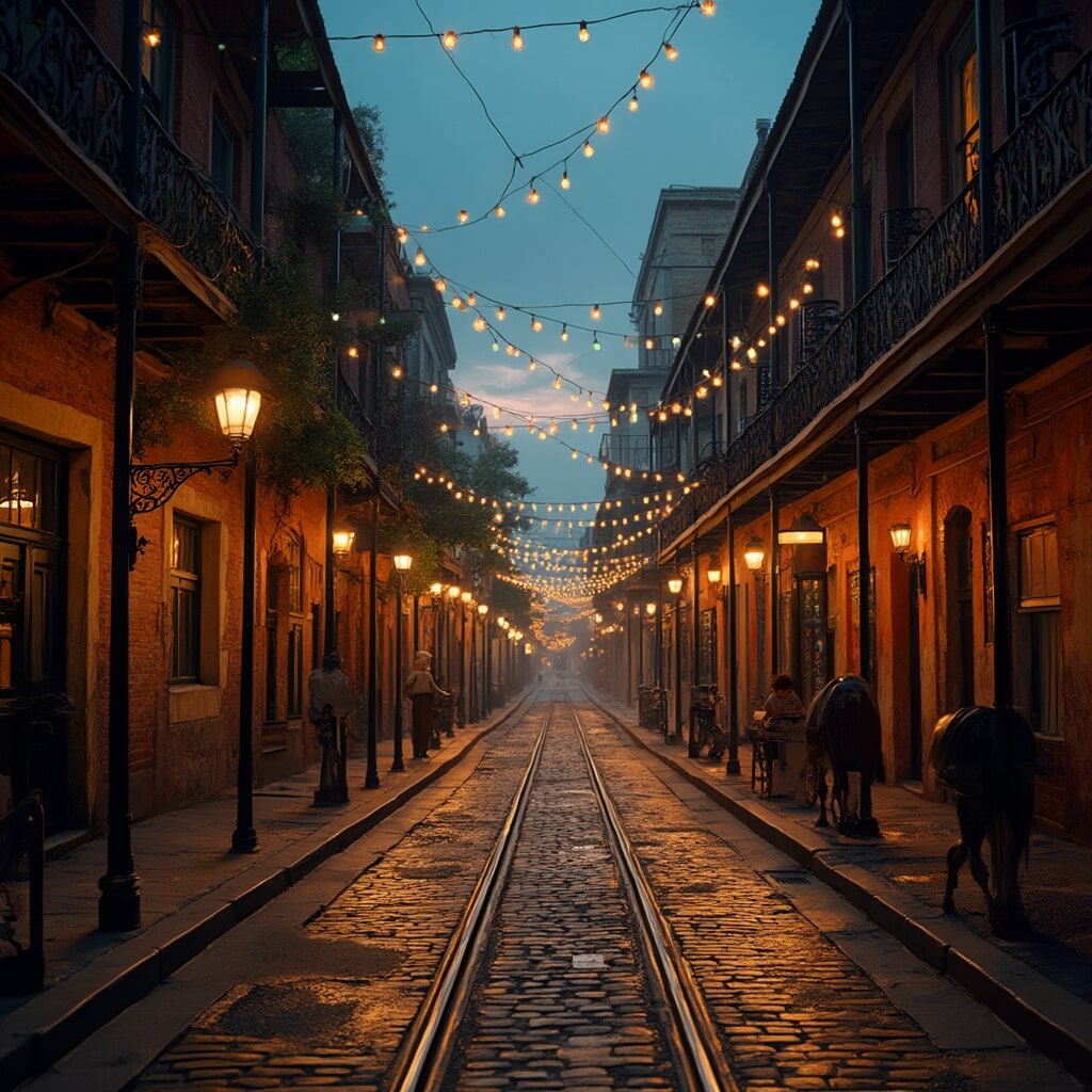 Dusk view of historic Ybor City with vintage brick buildings, wrought-iron balconies, Spanish architecture, illuminated cobblestone streets, café lights overhead, trolley tracks, and glimpses of local eateries and breweries through large windows