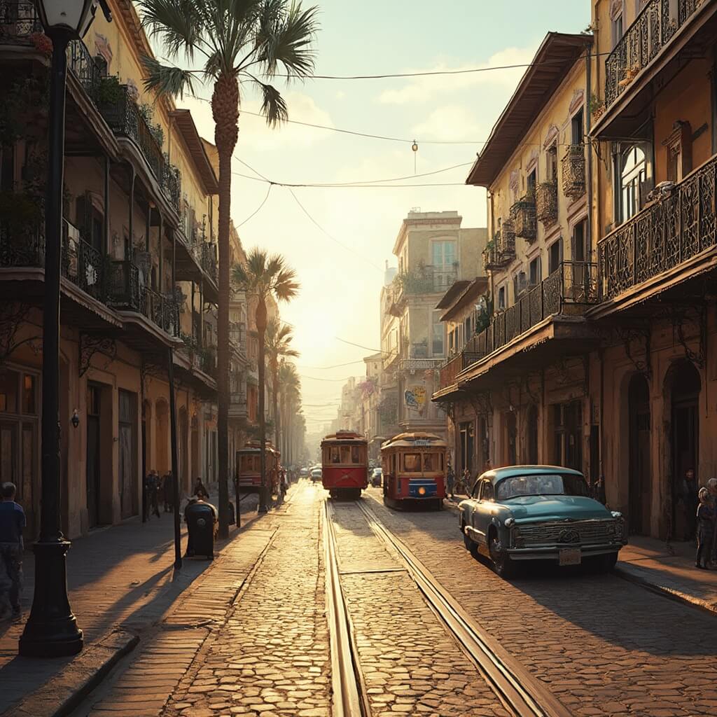 Winter street scene in historic Ybor City with Spanish Colonial Revival architecture, classic streetcars, palm trees, and golden afternoon light