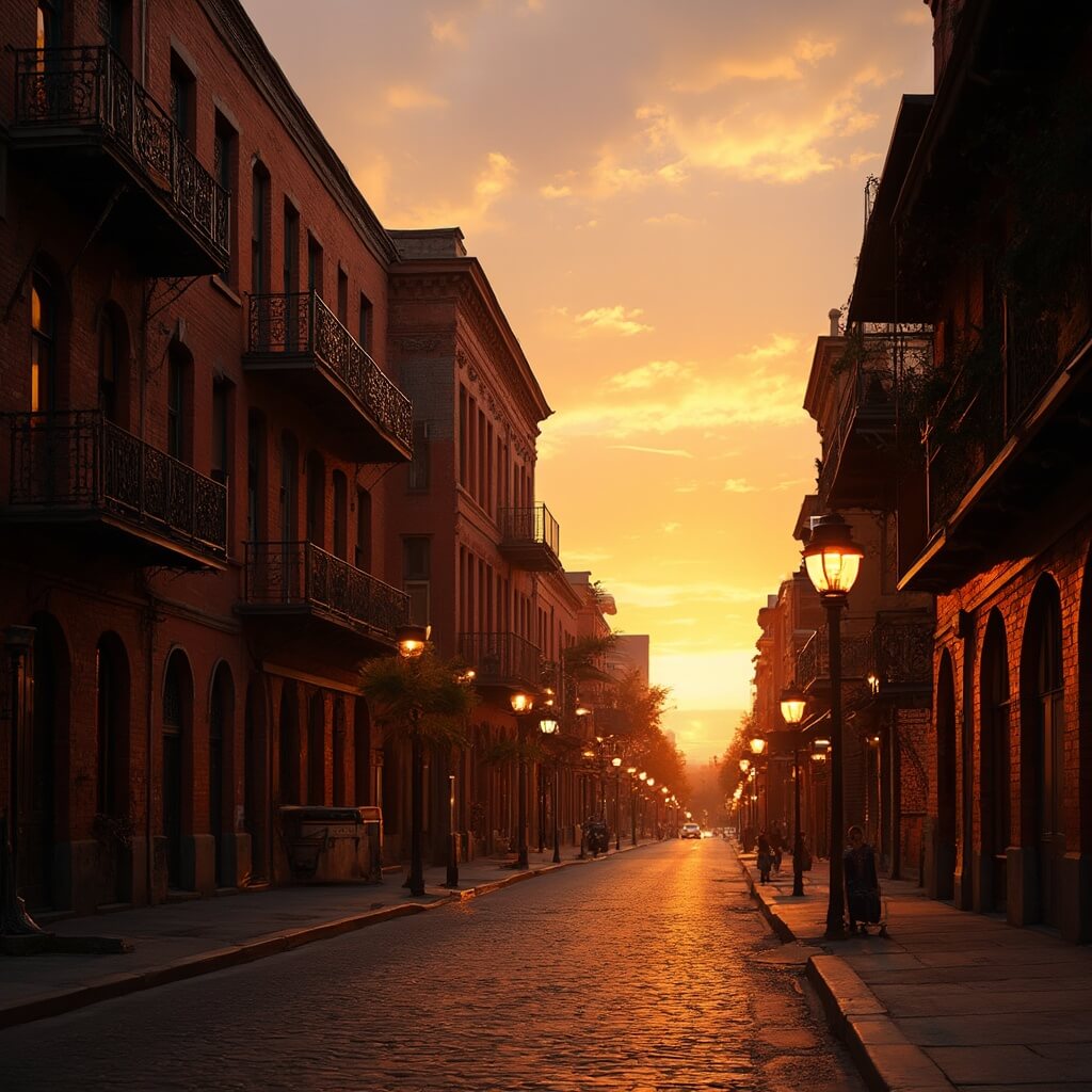 Vintage red brick buildings with wrought iron balconies in Ybor City historic district during sunset, warm golden light casting shadows on cobblestone streets, with streetlamps casting a warm glow, exhibiting Cuban-inspired architecture, no people present