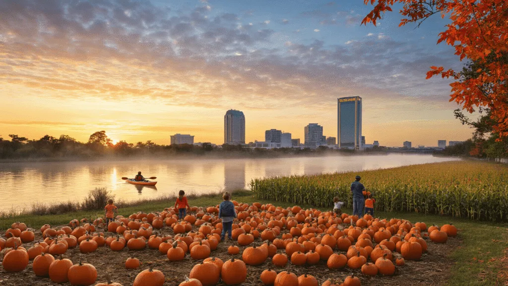 Unlock Jacksonville's October Magic: Your Ultimate Fall Escape Guide "Autumn scene in Jacksonville, Florida with St. Johns River, kayaker, pumpkin patch, corn maze, city skyline featuring EverBank Stadium, and Halloween decorations framed by colorful fall foliage."