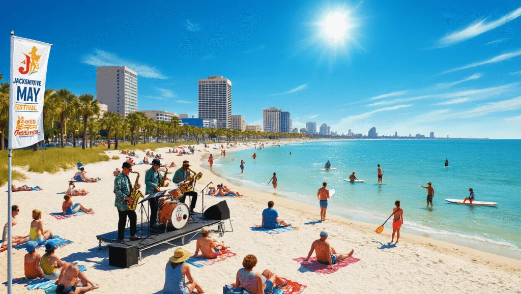 Jacksonville in May: Your Ultimate Warm-Weather Escape Guide "Vibrant beach scene in Jacksonville with a jazz band performing, people playing volleyball and paddleboarding, Jacksonville cityscape in the distance, and Jacksonville Jazz Festival banner fluttering."
