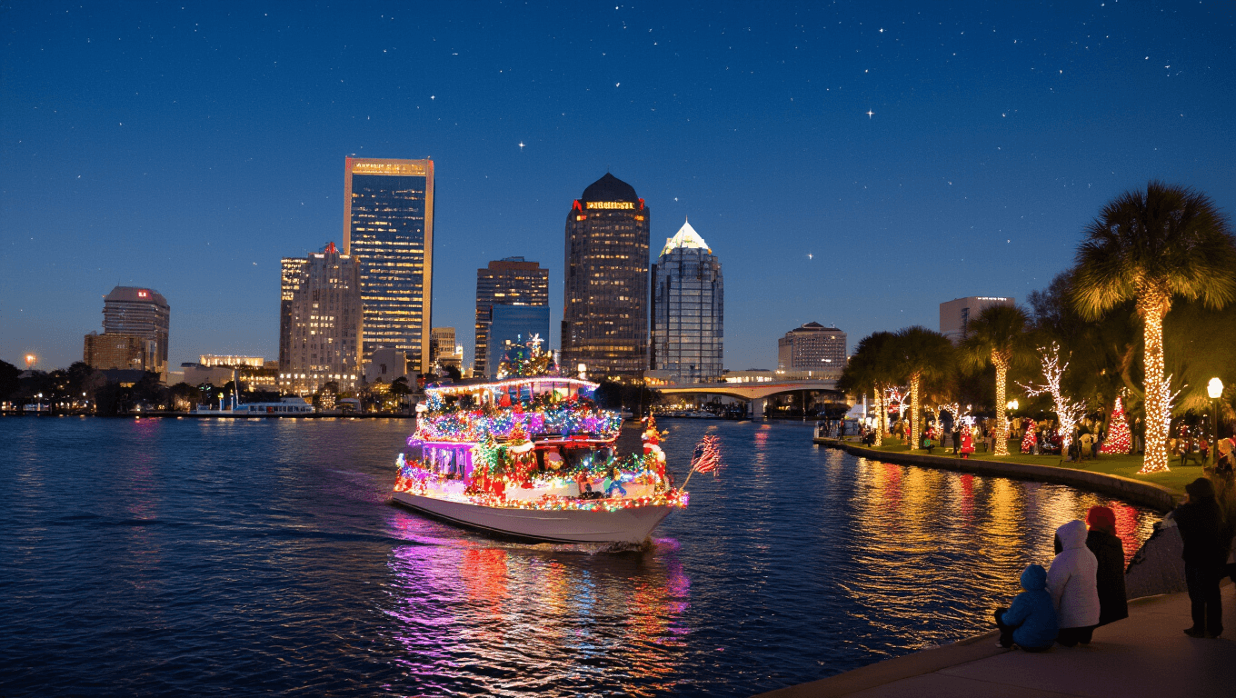 "Festive scene of Jacksonville's St. Johns River during the Light Boat Parade with a decorated boat, illuminated city skyline, and spectators on shore."