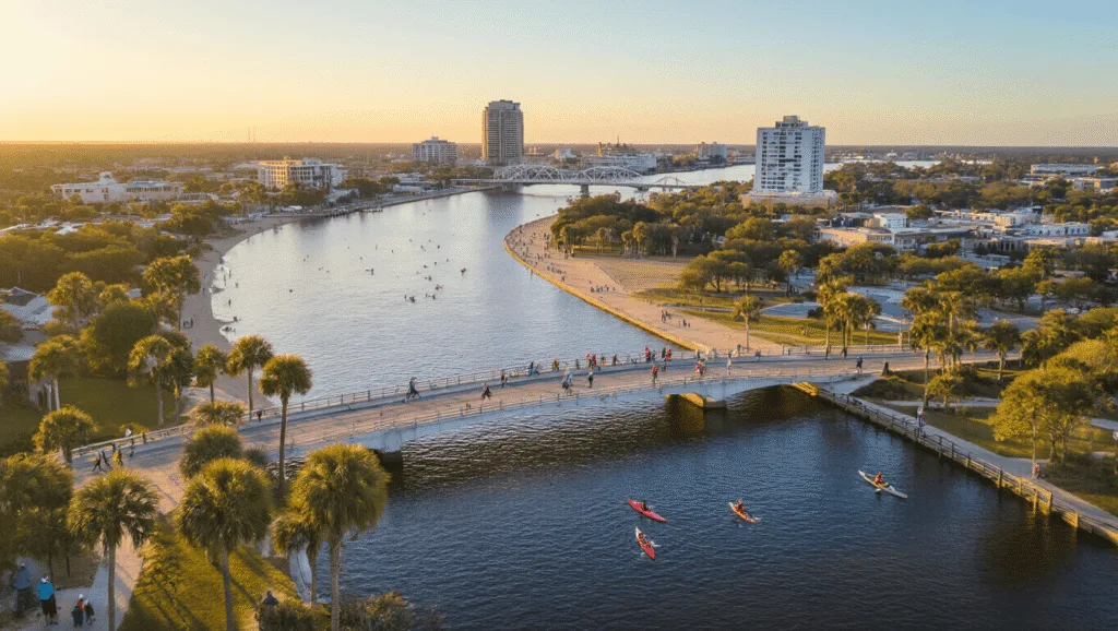 Escape the Cold: Why Jacksonville in February is Your Secret Winter Paradise "Aerial view of Jacksonville cityscape at golden hour with St. Johns River, people kayaking, DONNA Marathon runners on bridge, and beach-goers in the distance under a clear February sky."