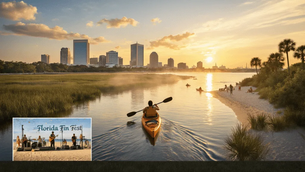Jacksonville in September: Your Ultimate Insider's Guide to Florida's Hidden Coastal Gem "Kayaker paddling in St. Johns River with Jacksonville skyline at sunset and beachgoers, and Florida Fin Fest inset, in an early fall evening setting."