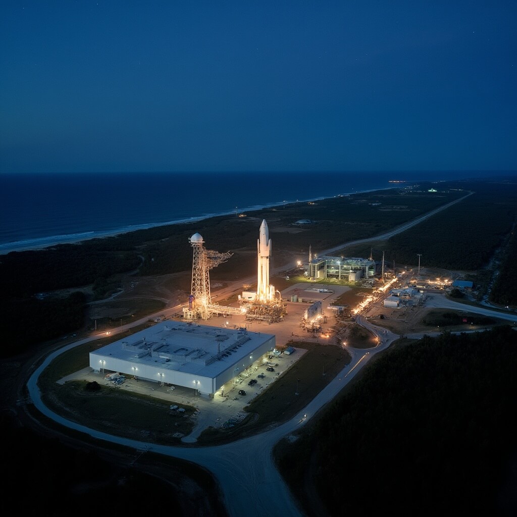 Aerial view of Kennedy Space Center at dusk, rocket on launchpad lit by floodlights with the Florida landscape, tech facilities, and the Atlantic Ocean in the background