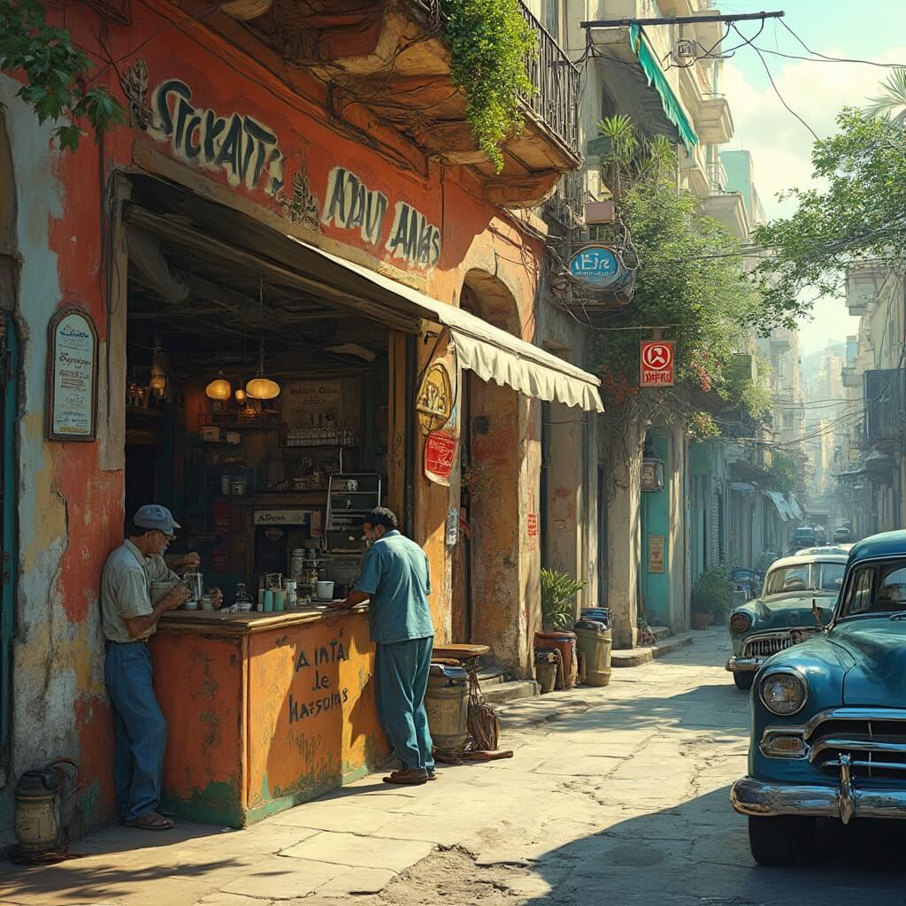 Bustling Little Havana street scene with artisan coffee shop in vintage 1950s storefront, entrepreneurs preparing coffee, colorful Cuban architecture, vintage cars, tropical plants, and vibrant street atmosphere.