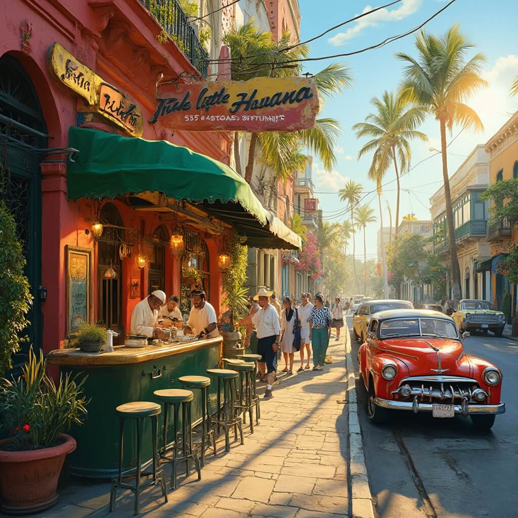 Bustling outdoor Cuban restaurant in vibrant Little Havana, with chefs preparing ceviche, surrounded by Art Deco architecture, tropical plants, vintage cars, under warm afternoon sunlight highlighting Latin American culture.