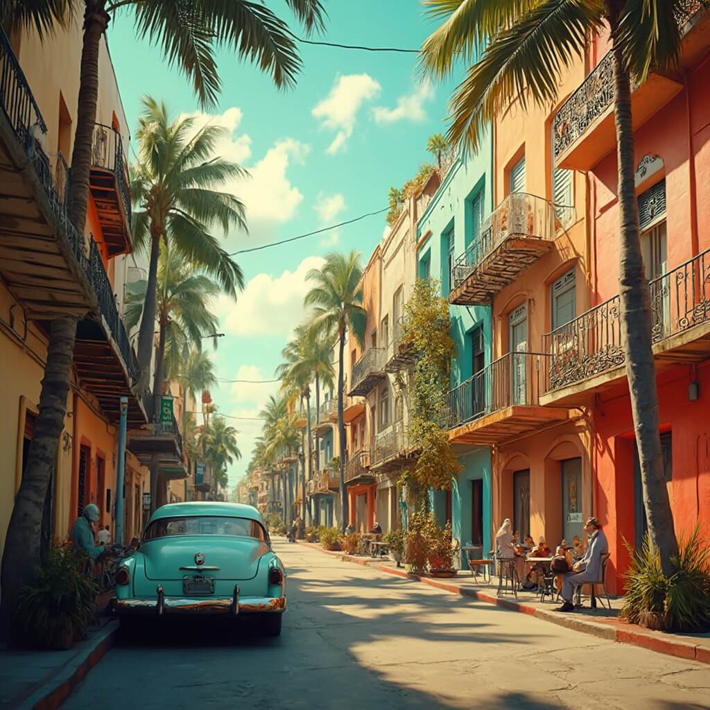 Colorful Art Deco buildings, palm trees, elderly locals playing dominoes, and vintage cars in a vibrant, ultra-detailed scene of Little Havana, Miami during the golden hour.