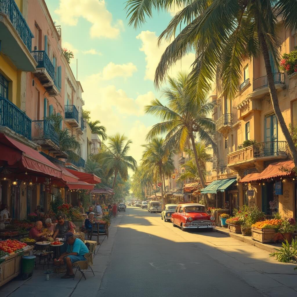 Golden hour in Miami's Little Havana showcasing pastel art deco buildings, local fruit vendors, elderly men playing dominoes, palm trees, and vintage cars under warm August sunlight