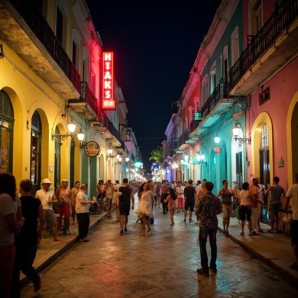 Street performers salsa dancing in Little Havana, Miami at night amidst colorful buildings, neon signs, and open cafes with Cuban music