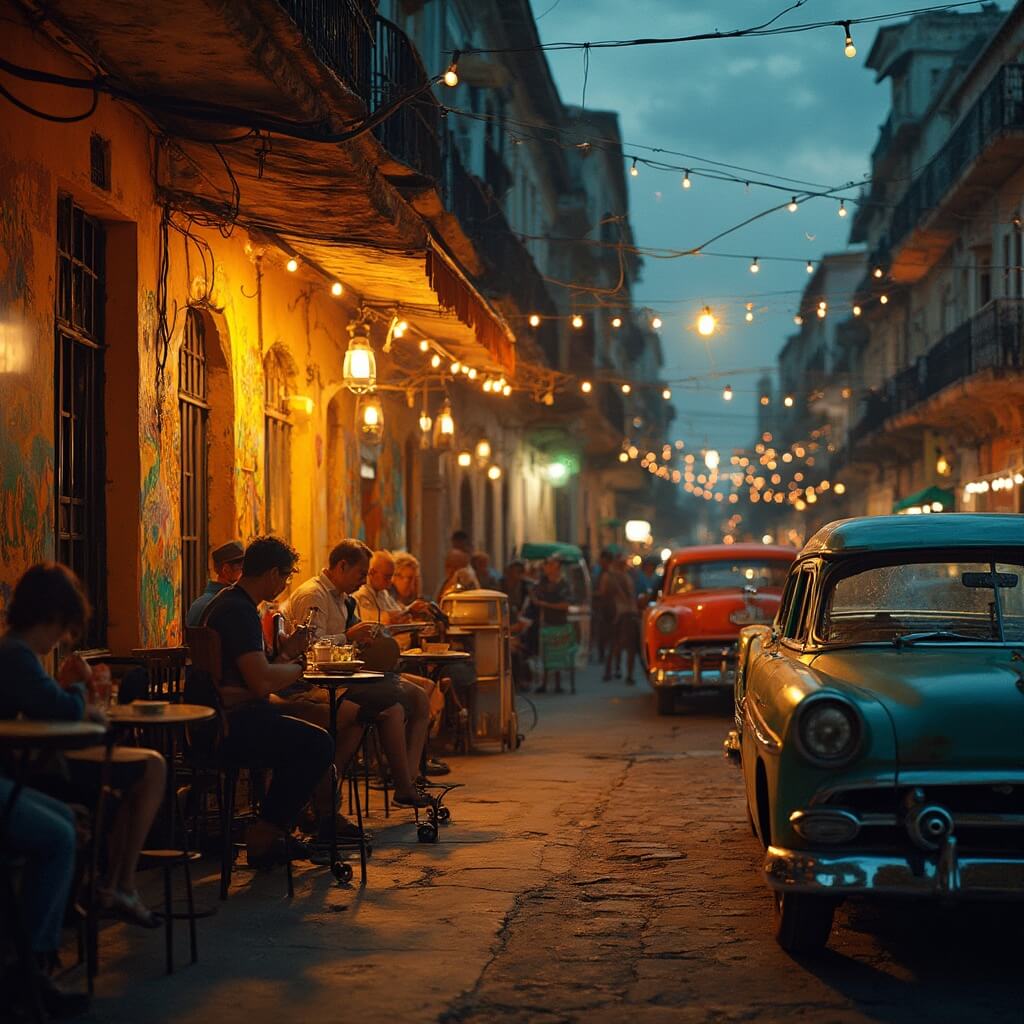 Street scene in Little Havana at dusk with warm light, colorful murals, outdoor café, street musicians, vintage cars, and overhead lights