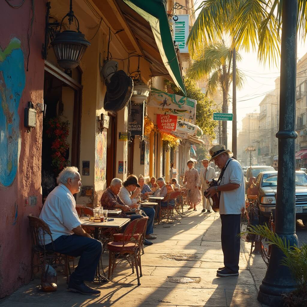 Escape the Winter Chill: Your Ultimate Miami Beach November Adventure Guide Bustling street scene in Little Havana, Miami with patrons at a sidewalk cafe, colorful Cuban murals, an elderly man playing dominoes, and warm sunlight illuminating the scene.