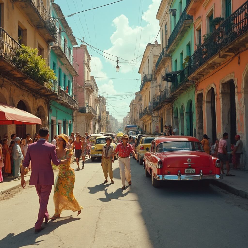 Energetic Little Havana street scene featuring bustling crowds, street performers, salsa dancers in action, colorful vintage cars, and authentic Cuban architecture bathed in warm tropical sunlight, captured in a candid photojournalistic style