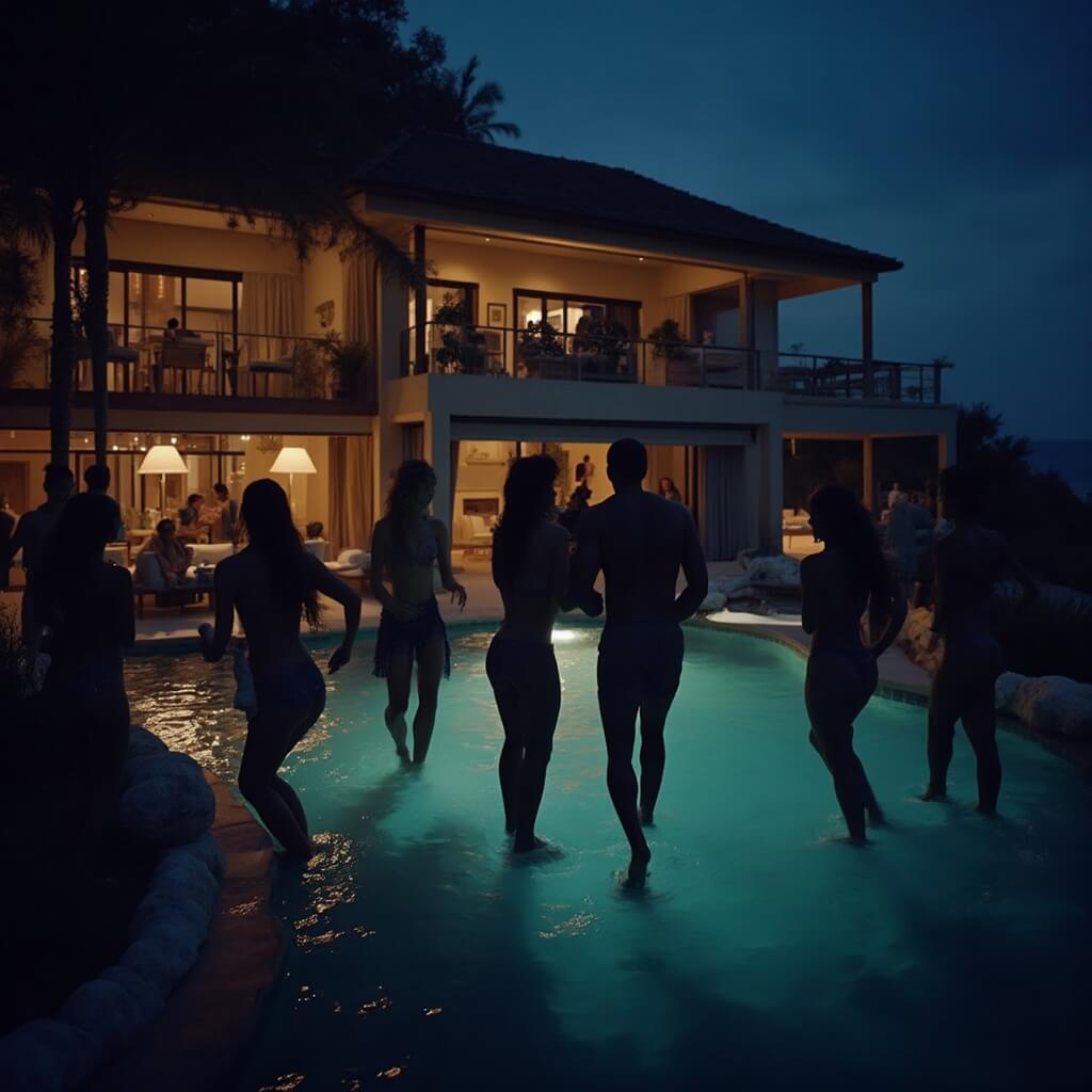 Luxurious underground beach villa party scene at night with silhouettes of people dancing, modern architecture, dim mood lighting, exclusive pool area with ambient lighting, high-end cinematographic composition