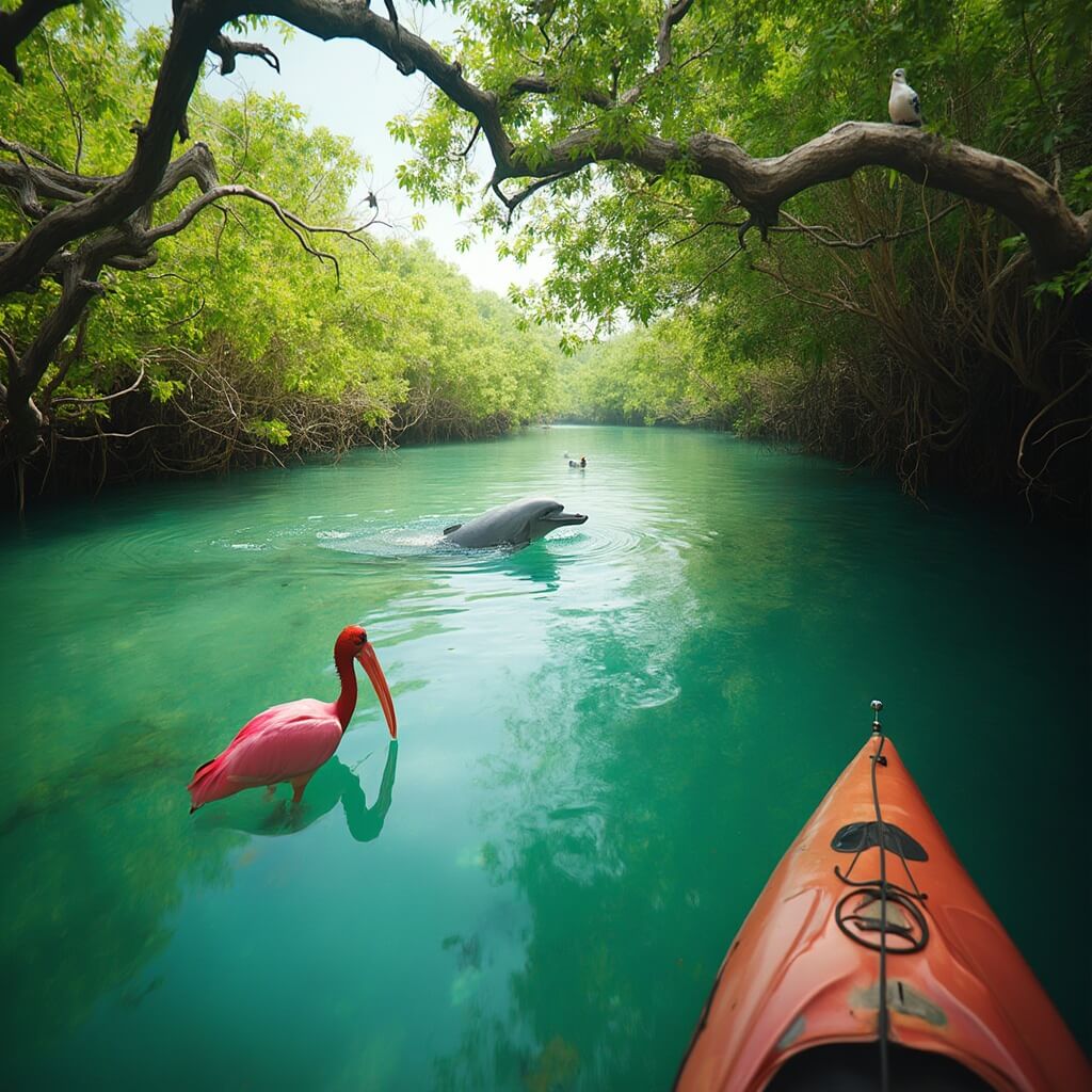 Kayaker observing wildlife including a dolphin and a roseate spoonbill in the lush mangroves of Thousand Islands, Cocoa Beach.