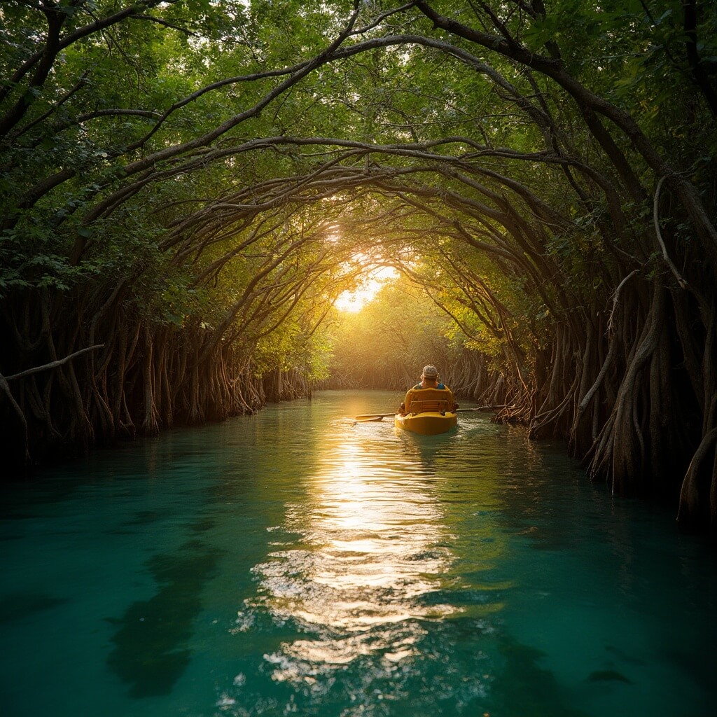 Kayak traveling through serene mangrove tunnel waterway at sunset, with golden light reflecting off clear water