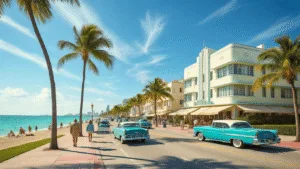 "Art Deco building on Ocean Drive, Miami Beach, with vintage cars, palm trees, and tourists, under a clear winter sky with the beach in the background"