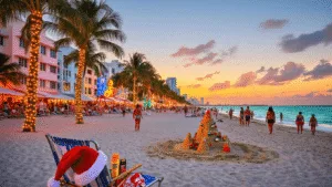 Why Miami in December Will Blow Your Frozen Northern Mind 🌴☀️ "Miami Beach at sunset in December with holiday decorated palm trees, Art Basel art installations, people in summer attire, a sandcastle adorned with Christmas ornaments, and a beach chair with sunscreen and a Santa hat in the foreground, alongside the vibrant Art Deco buildings."