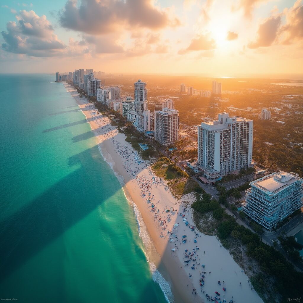 Aerial view of Miami Beach at golden hour highlighting thriving tourism, crowded beaches, luxury hotels, and busy streets
