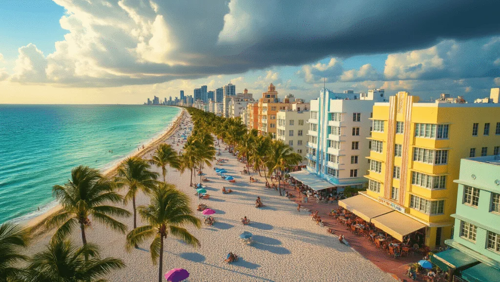 "Aerial view of South Beach, Miami featuring Art Deco buildings, palm trees, turquoise ocean, white sandy beach with colorful umbrellas, storm clouds in distance, and people at outdoor cafes during golden hour."