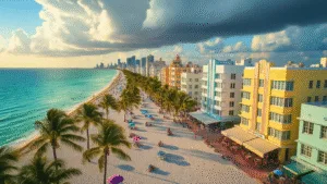 "Aerial view of South Beach, Miami featuring Art Deco buildings, palm trees, turquoise ocean, white sandy beach with colorful umbrellas, storm clouds in distance, and people at outdoor cafes during golden hour."