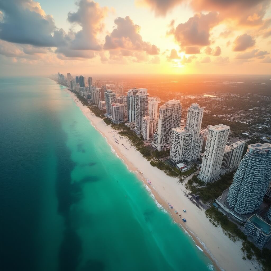 Aerial view of South Pointe Park during golden hour, highlighting Miami Beach's coastline, turquoise waters, high-rise buildings, dramatic clouds, and urban landscape meeting the beach