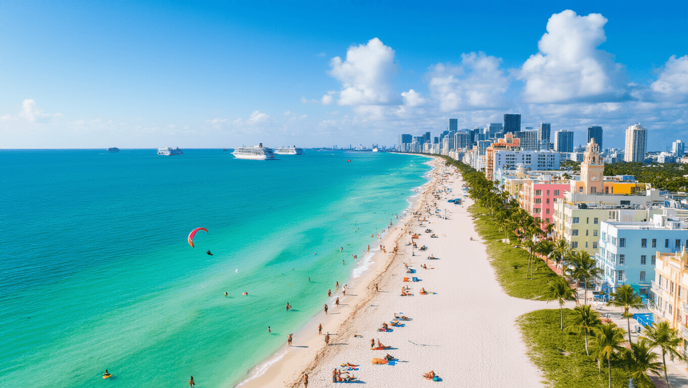 Aerial view of South Beach, Miami with turquoise waters, white sand beaches, colorful Art Deco buildings, beachgoers, boats, and palm trees under golden sunlight.