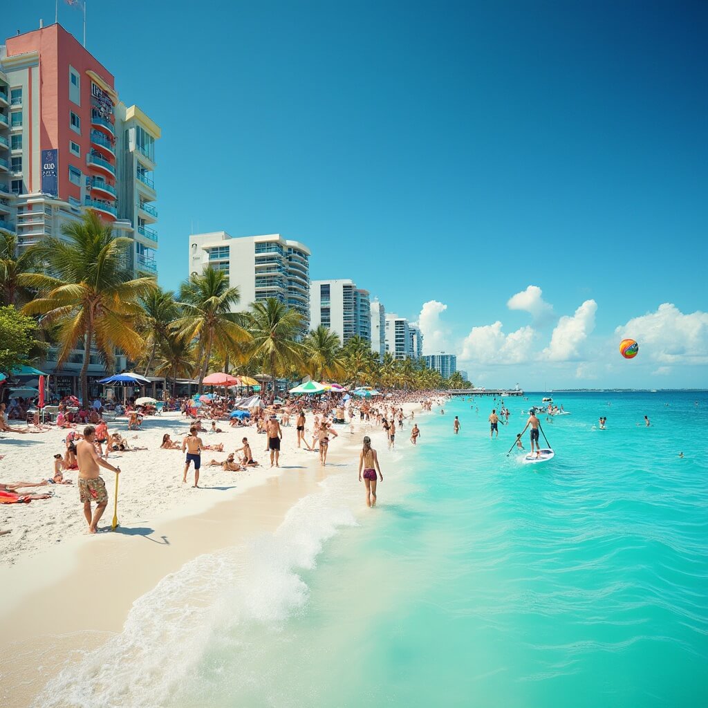 Diverse beachgoers participating in various activities on a sunny Miami Beach in April, with palm trees, turquoise ocean, white sand, pastel-colored Art Deco buildings, and seagulls in the sky.