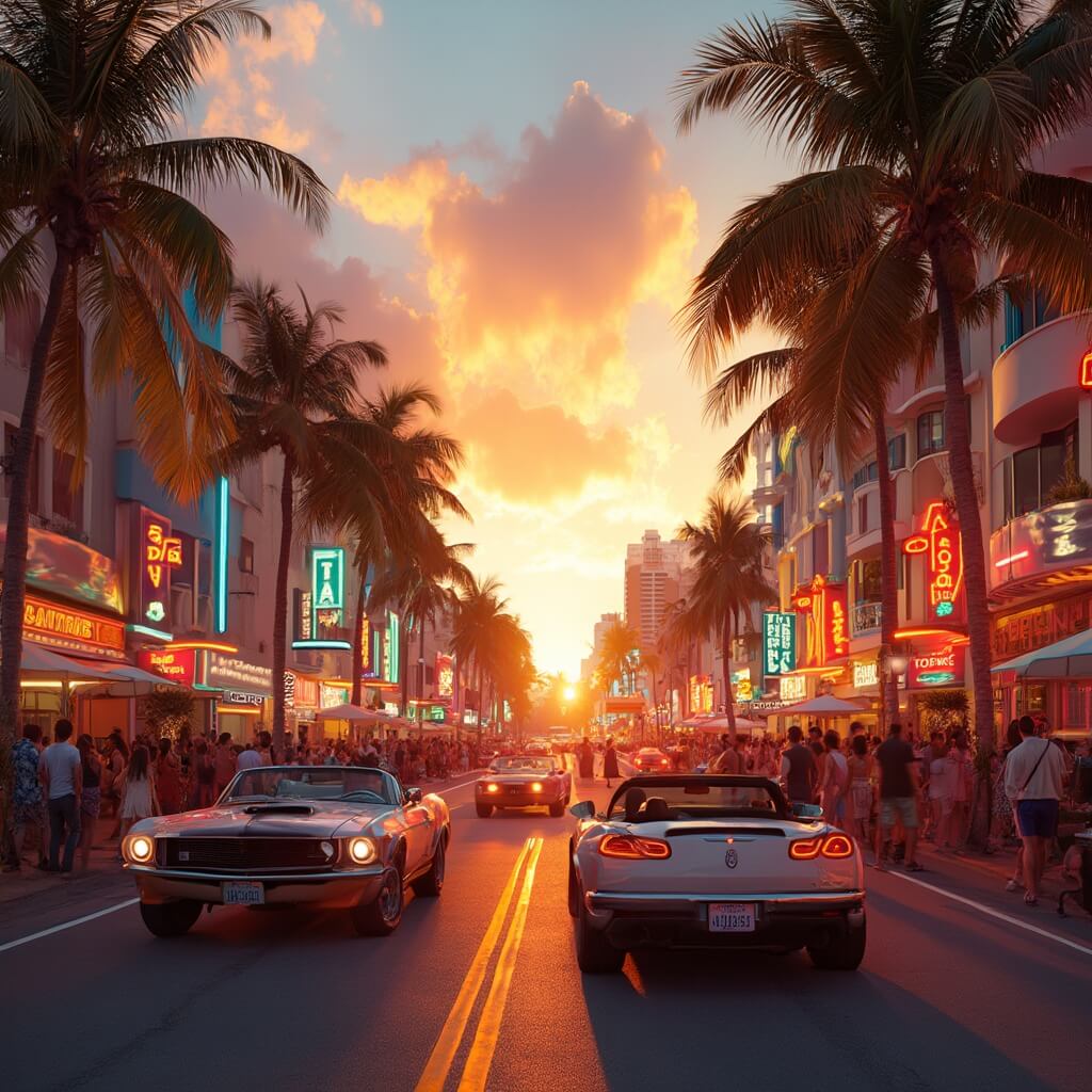 Sunset on Ocean Drive in South Beach with Art Deco buildings, neon lights, dancing people, moving convertible cars and swaying palm trees.