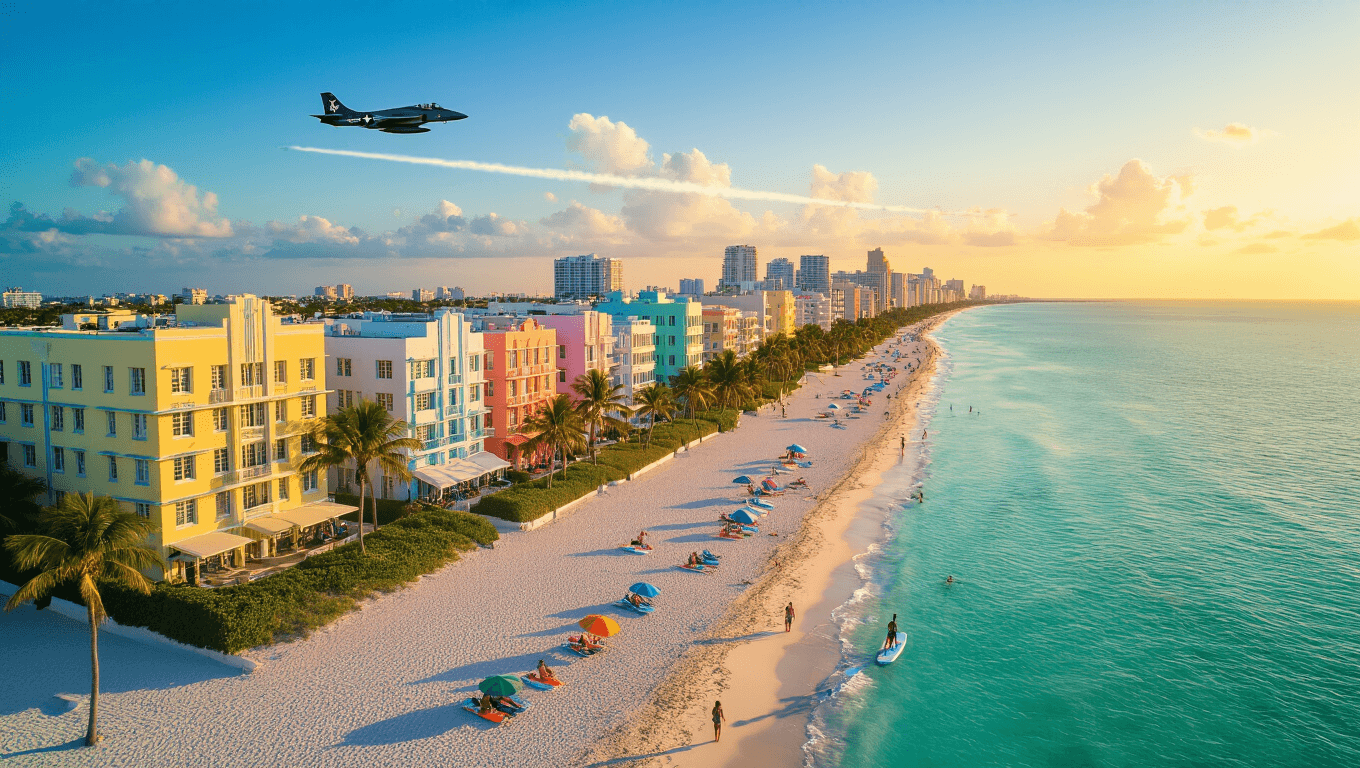 "Aerial view of Miami Beach's coastline during golden hour featuring the pastel-colored Art Deco district, crystal-clear turquoise waters, white sand beaches with colorful umbrellas, palm trees, luxury yachts in the distance, and the Formula 1 track layout in the background"