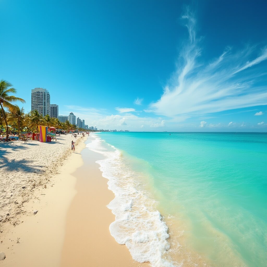 Panoramic view of South Beach, Miami in November featuring turquoise waters, empty beach, swaying palm trees, colorful Art Deco lifeguard stands and distant paddleboarders under a blue sky with wispy clouds.