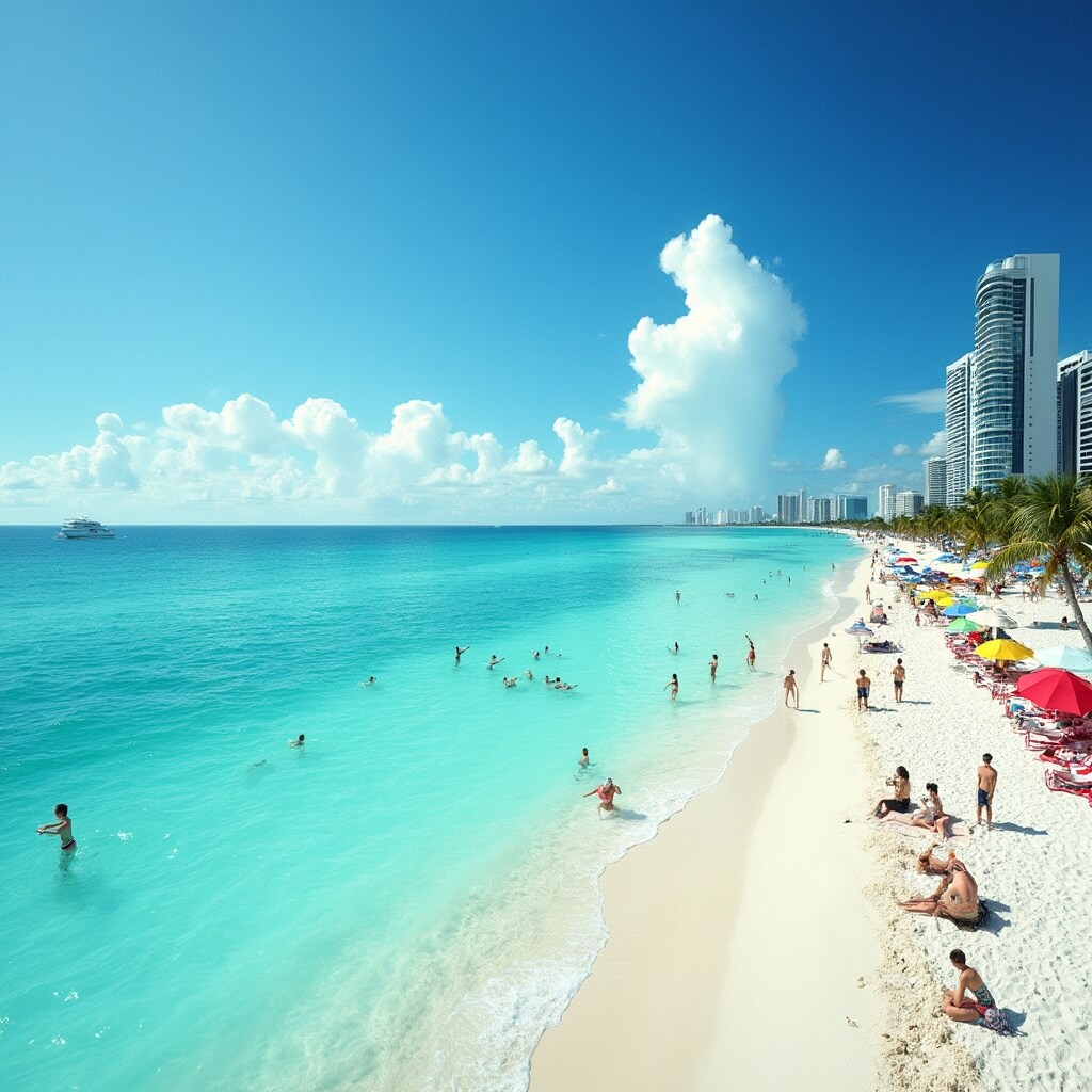 Vibrant Miami Beach with crystal-clear turquoise waters, white sand, palm trees, vibrant beach umbrellas, people playing volleyball, practicing yoga and snorkeling, and the modern Miami skyline in the distance.