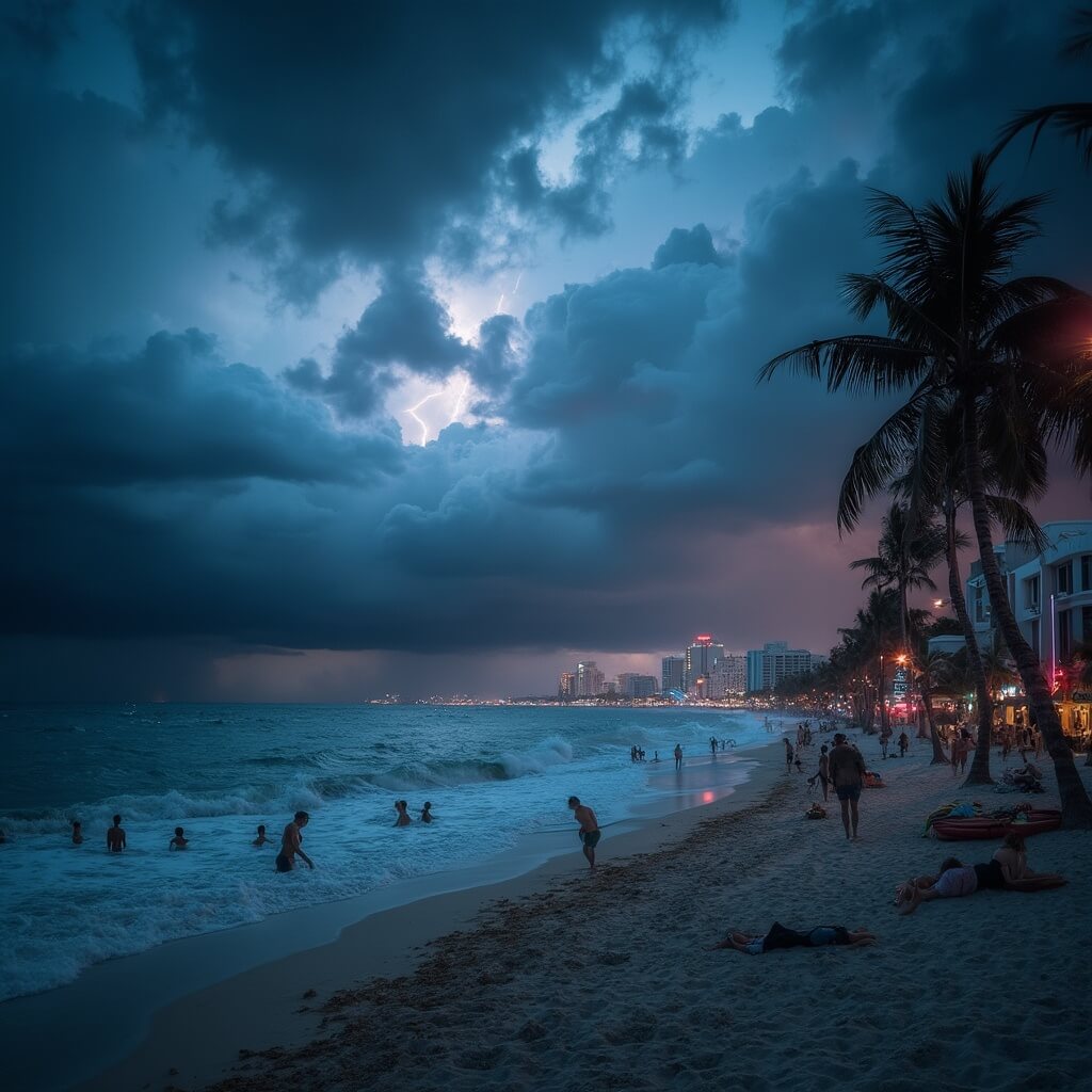 Thunderstorm approaching Miami Beach at dusk, with dark clouds, lightning, palm trees in strong wind, waves crashing on shore, beachgoers packing up, swimmers in choppy waters, and Art Deco buildings silhouetted against the stormy sky.