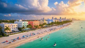 "Aerial view of vibrant South Beach Miami with colorful Art Deco buildings, busy beaches, turquoise waters, outdoor cafes, beach yoga, and approaching storm clouds at sunset during peak summer season."