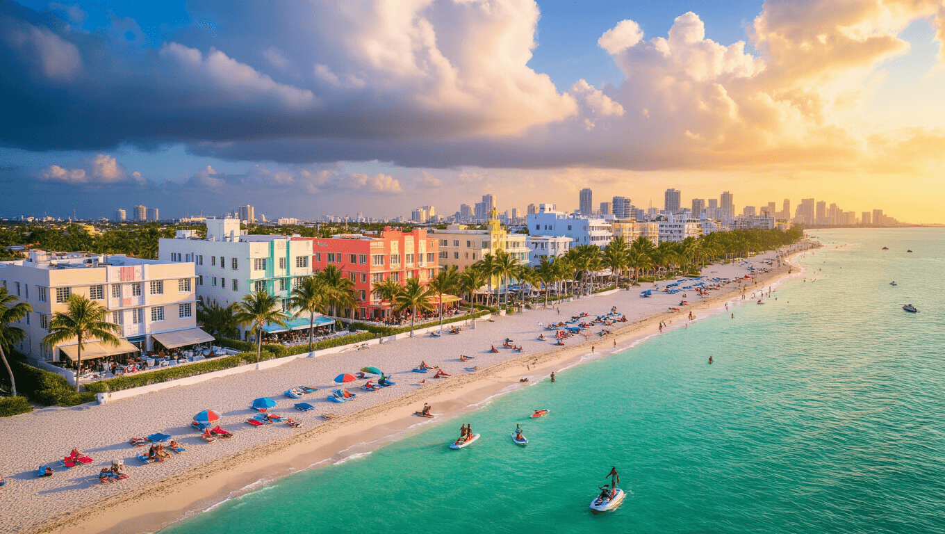 Beachgoers relaxing on Miami Beach with palm trees, Art Deco buildings, paddleboarders in turquoise waters, and a blue sky in summer.