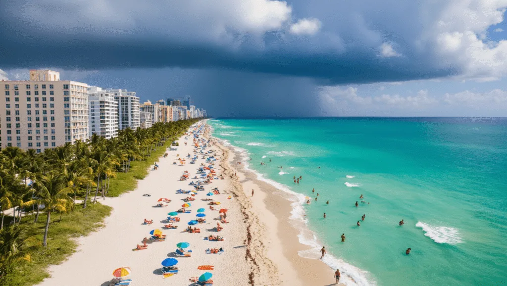 Miami in August: Your Sizzling Guide to Heat, Humidity, and High-Octane Fun "Aerial view of Miami Beach with crystal blue waters, white sandy beaches, colorful umbrellas, dark thunderclouds over the ocean, sunbathers, palm trees, luxury hotels on Ocean Drive, people doing water activities, in a hyper-realistic style with intense summer heat, visible heat waves, and a bright, saturated color palette during golden hour"