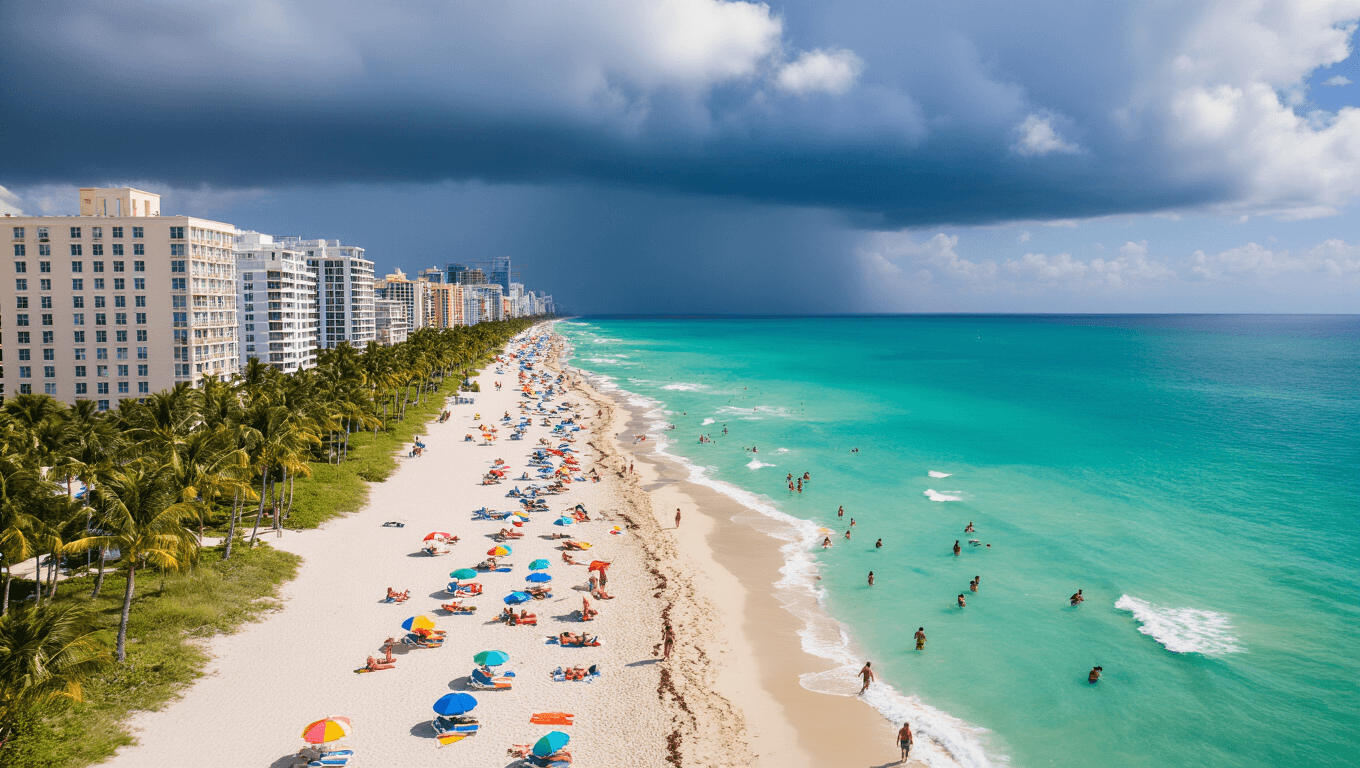 "Aerial view of Miami Beach with crystal blue waters, white sandy beaches, colorful umbrellas, dark thunderclouds over the ocean, sunbathers, palm trees, luxury hotels on Ocean Drive, people doing water activities, in a hyper-realistic style with intense summer heat, visible heat waves, and a bright, saturated color palette during golden hour"