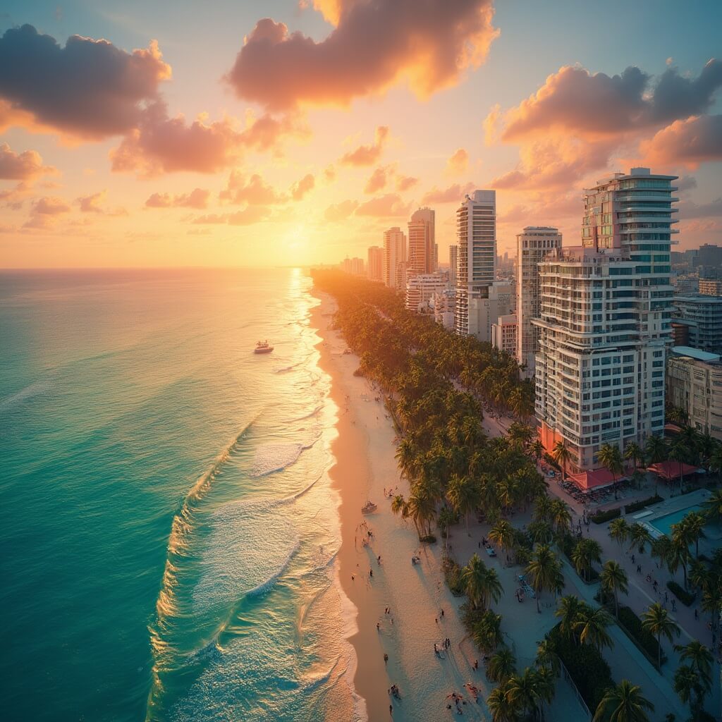 Aerial sunset view of Miami Beach with clear turquoise waters, golden sandy shoreline, palm tree silhouettes, and pastel-colored art deco buildings