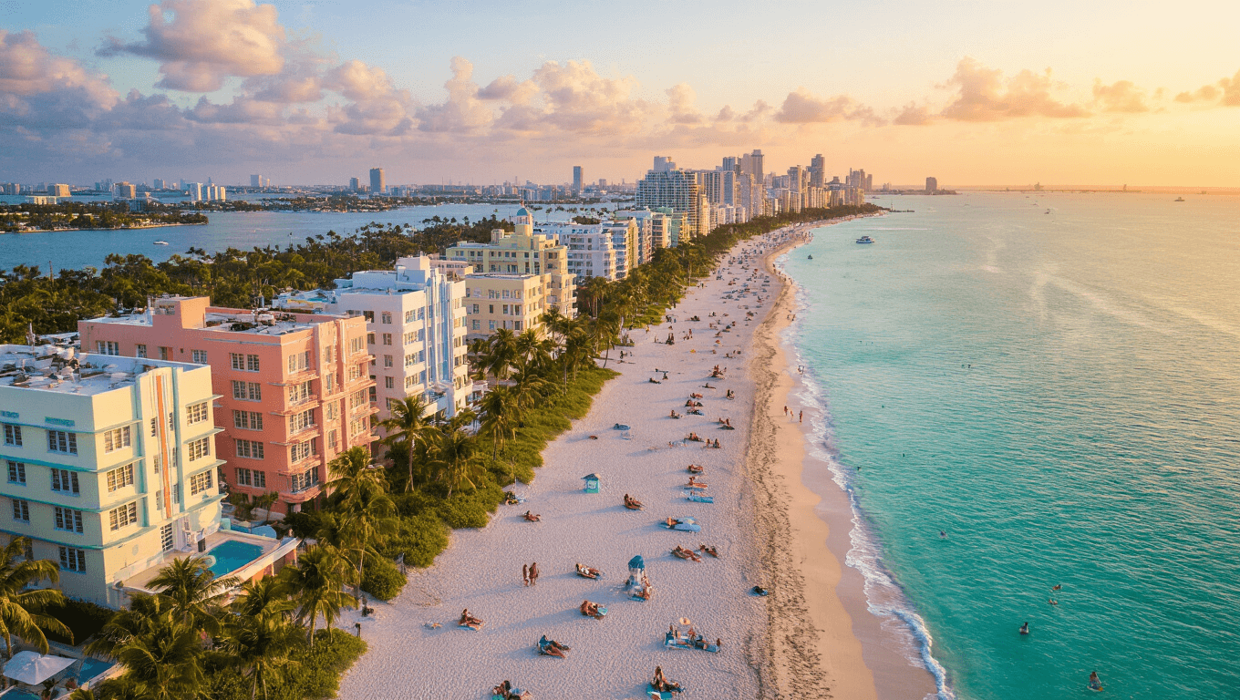 "Aerial view of South Beach Miami during sunset with Art Deco buildings, clear blue waters, white sandy beaches, people enjoying beach activities and distinctive lifeguard stands"