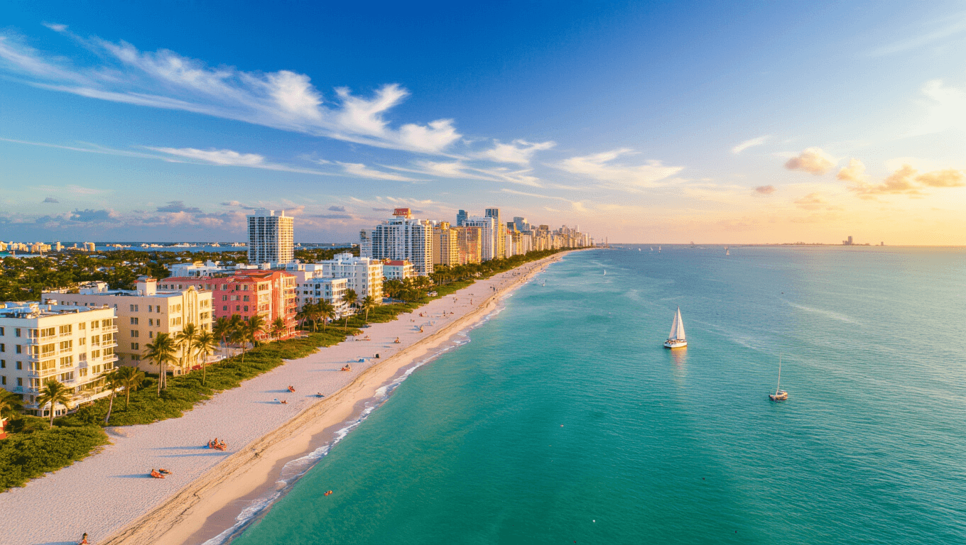 "Aerial drone shot of Miami Beach at sunset in October, featuring turquoise waters, white sandy beaches, palm trees, Art Deco buildings of South Beach, sailboats, and beachgoers in perfect weather conditions."