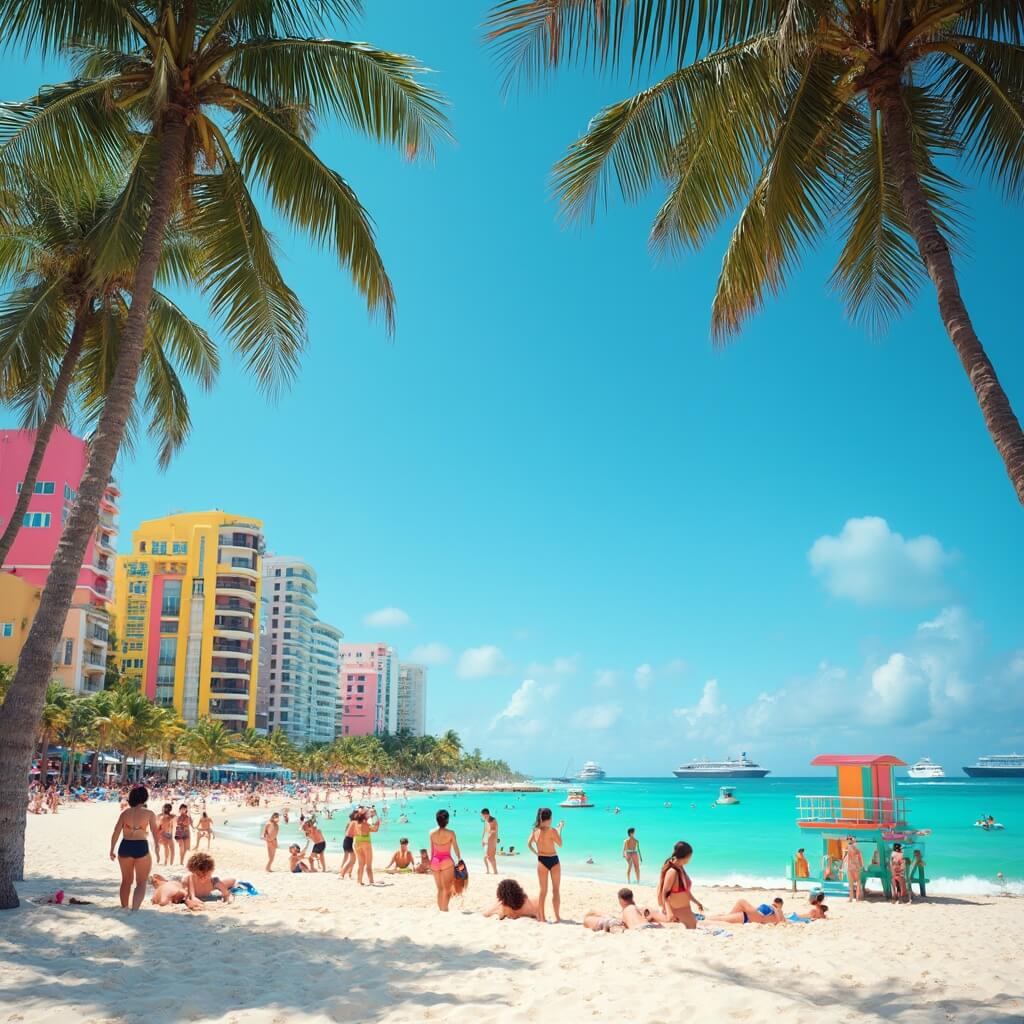Sunny Miami Beach scene with turquoise waters, white sand beach, palm trees, colorful Art Deco buildings, people sunbathing, playing volleyball and swimming under a bright blue sky