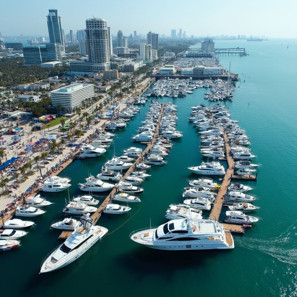 Aerial view of Miami International Boat Show with yachts in marina, exhibition tents, and Miami skyline in the background