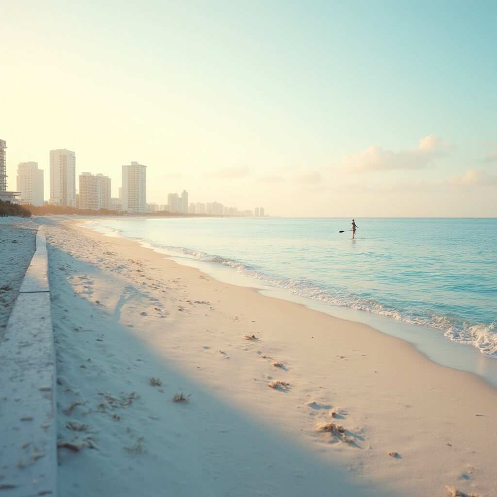 Early morning at South Beach with an empty sandy beach, boardwalk, lone paddleboarder, pastel Miami skyline in the background, and calm water reflecting the soft dawn light.