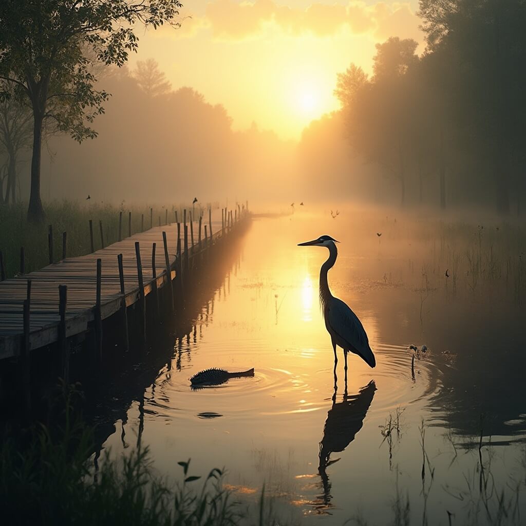 Dawn in June at Miami's Everglades, featuring a golden sunrise over misty wetlands, a wooden boardwalk through lush vegetation, a great blue heron in the foreground, silhouettes of wading birds and a partially submerged alligator in the background.