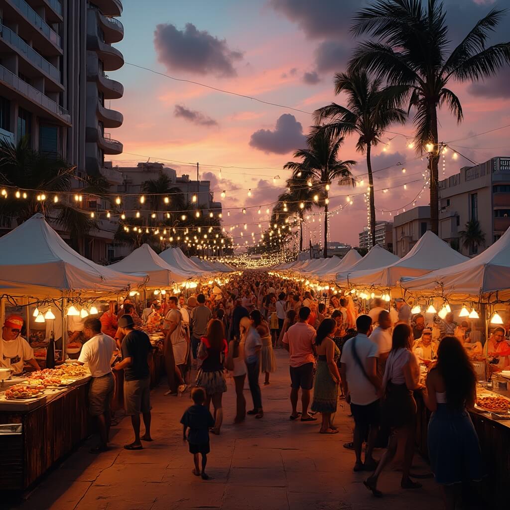 Diverse crowd enjoying an outdoor food festival in Miami at dusk, under glowing string lights, with chefs at food stalls serving African, Caribbean, and Latin cuisines, with a backdrop of palm trees, Art Deco buildings, and a colorful sunset.