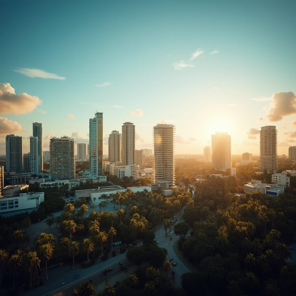 Panoramic view of Miami cityscape during golden hour with palm trees, golden reflections on glass buildings, and clear blue sky with gentle clouds