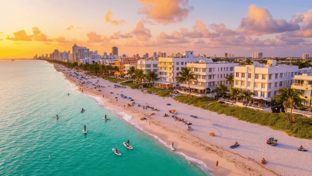 Miami Beach in October: Your Ultimate Tropical Escape Guide "Aerial view of Miami Beach at sunset in October, featuring Art Deco buildings with Halloween decorations, palm trees, turquoise waters, white sand beaches, beachgoers, paddleboarders, jet skiers, rooftop bars and colorful umbrellas"
