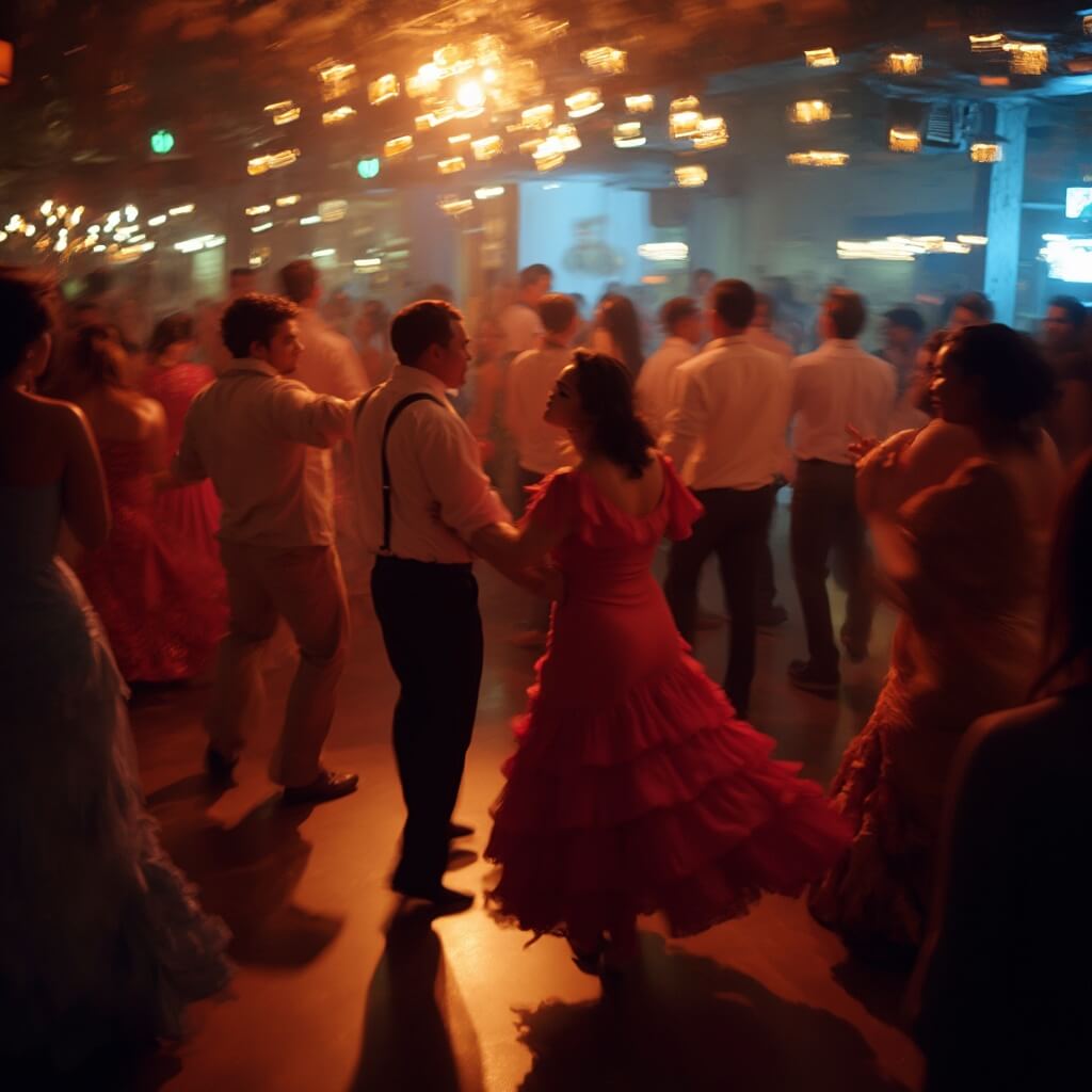 Dancers in traditional Latin attire performing salsa in a dimly lit club in Miami's Design District, captured in motion blur under warm amber and deep blue lighting