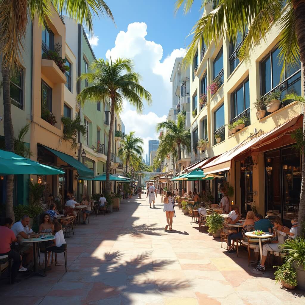 Bustling Lincoln Road in Miami with outdoor cafes, tropical plants, diverse crowd, modern architecture, bright sunlight, colorful restaurant faces, on a busy pedestrian street